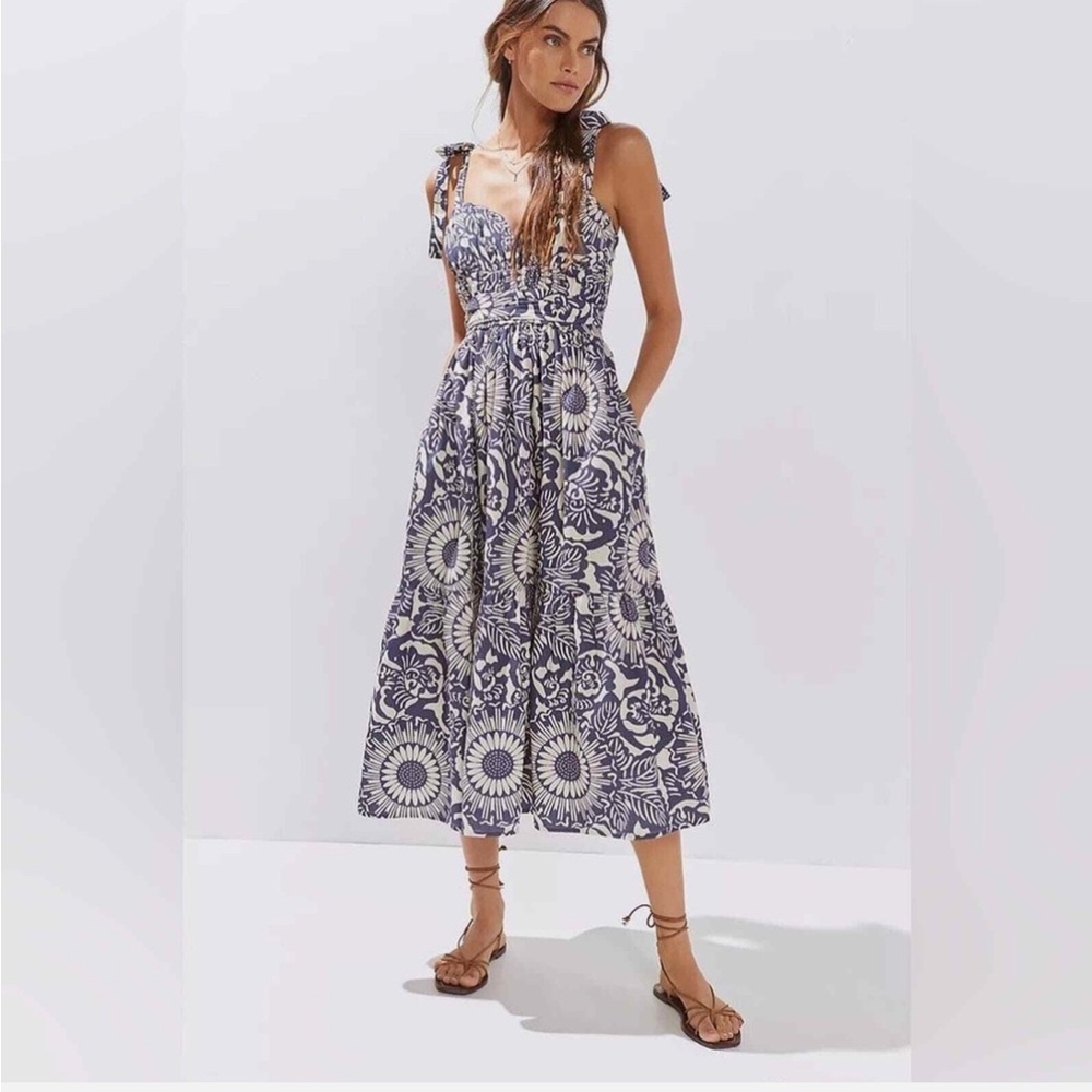 NWT Anthropologie Forever That Girl Navy Blue White Flounced Floral Midi Dress L